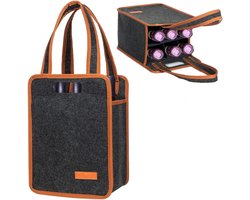 Dit wijnrek met zes compartimenten wordt geleverd met een vilten tas, een draagtas, een wijnzak, een bierzak, een drankzak en een flessenmand.