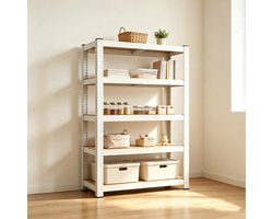 Dit witte verstelbare opbergrek met vijf planken heeft afmetingen van 60 x 40 x 180 cm Dit stevige metalen rek is ideaal voor gebruik in garages keukens voorraadkasten kelders badkamers en andere vergelijkbare ruimtes