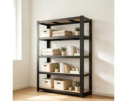 Dit zwarte verstelbare opbergrek heeft 5 planken en meet 60 x 30 x 180 cm Dit stevige metalen rek is ideaal voor gebruik in garages keukens voorraadkasten kelders badkamers en andere vergelijkbare ruimtes