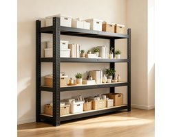 Dit zwarte verstelbare opbergrek met 4 planken heeft afmetingen van 60 x 30 x 150 cm Dit stevige metalen rek is ideaal voor gebruik in garages keukens voorraadkasten kelders badkamers en andere vergelijkbare ruimtes