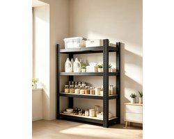 Dit zwarte verstelbare opbergrek met 4 planken heeft afmetingen van 90 x 30 x 150 cm Dit stevige metalen rek is ideaal voor gebruik in garages keukens voorraadkasten kelders badkamers en andere vergelijkbare ruimtes