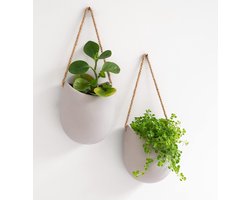 DiverseGoods Hangende Keramische Wandplantenbakken - Set van 2 Lichtgrijze (Mat) Plantenpotten - Stijlvolle Wanddecoratie voor Binnen, Balkon en Tuin - Inclusief Bevestigingsmateriaal