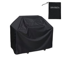 DIVERZA BBQ Hoes – Maat L 170 x 61 x 117 cm – Waterdichte beschermhoes – UV bescherming – Met trekkoord tegen wind – Afdekhoes barbecue of grill – Zwart – BBQ accessoires