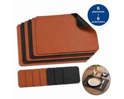 DIVERZA Placemats – Lederlook Placemats & Onderzetters – Waterafstotende Onderleggers Voor Bestek en Glazen – Stijlvolle Tafelbescherming – Set van 6 Placemats en Glazen Onderzetters –Dubbelzijdig Zwart en Bruin