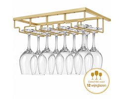 DIVERZA Wijnglazenrek - Wijnglazenhouder Goud – Ophangrek voor 12 Wijnglazen – Onder Kast of Plank – 40 × 22,5 × 6 cm