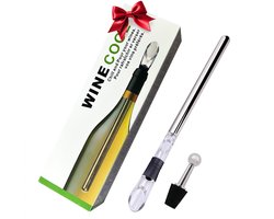 DIVERZA Wijnkoeler Stick Set – 3-in-1 Wijnkoeler, Wijnschenker & WijnAfsluiter – Wijn Koelstaaf – Wijncadeau – RVS Zilver