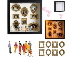 DIY 3D Schaduwbox Fotolijst Zwart met LED - 25.5x25.5 cm - tafelblad display frame - Complete Set met 8 Miniatuur Mensjes & 8 Gouden Lijstjes -Barokstijl - Personaliseerbaar Valentijn Cadeau - Memory Box