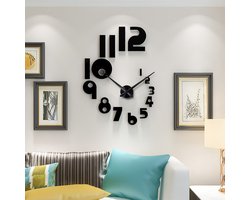 DIY 3D-wandklok, grote frameloze horlogespiegelwandklok, geschikt voor woonkamer, slaapkamer, kantoor, hotelwanddecoratie (DIYL189-Zwart)