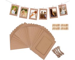 DIY Foto Lijsten Set van 40 Stuks, Kraft Papieren Fotolijsten 4.5 x 6.1 inch met Houten Clips en Touw voor Wanddecoratie Thuis, School en Kantoor