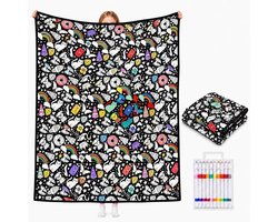 DIY-inkleurdeken-set – Inclusief 12 stiften – Grote teken-deken (150 x 125 cm) – Wasbaar creatief kleed – DIY-inkleurdeken voor volwassenen & kinderen – Decoratieve plaid voor bank of bed