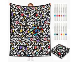 DIY-inkleurdeken-set – Inclusief 12 stiften – Grote teken-deken (150 x 125 cm) – Wasbaar creatief kleed – DIY-inkleurdeken voor volwassenen & kinderen – Decoratieve plaid voor bank of bed