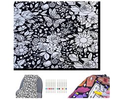 DIY Kleurdeken Met 12 Stiften - 150×125cm - wasbare kleurdeken - Doe-het-zelf schilderdeken - schilderdeken voor volwassenen - Gezellige Woondecoratie - Bloemenpatroon