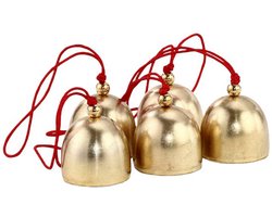 DIY mini bellen – 5 stuks – Goud / messing – Met rood koord – Voor windgong, sleutelhanger en decoratie – Wandklok onderdelen