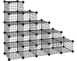 DIY schoenenrek, 15 kubussen met metalen draadopbergsysteem, modulair plug-in rek, in elkaar grijpende schoenenopbergers, incl. Rubberen hamer en anti-tip apparaat, zwart LPI44HS