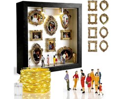 DIY Shadow Box - 25,5x25,5 cm - Mini Fotolijst Met LED - DIY Mini Museum Silhouette Box - Complete Set met 8 Miniatuur Mensjes & 8 Gouden Lijstjes - Frame Display Case - Barokstijl - Vintage fotolijstjes - Valentijn cadeau - Cadeau voor vrouw