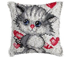 DIY Tying Craft Rug Set met Kussen 43 x 43 cm, Latch Hook Kit voor Volwassenen en Kinderen, Creatieve Home Decoratie en Accessoires (Liefde Grijze Kat)