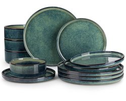 D&J Serviesset - Dinerset - 24-delig - Keramiek - Zwart/Groen - 8 personen - Diner - Dinerbord/Soepbord/Dessertbord - Schalen