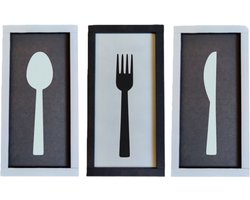 Djemzy - bestek in zwart wit frame - 3-delig- klein- wanddecoratie woonkamer - wanddecoratie slaapkamer - keuken - wandversiering - muurversiering - wandpaneel - wall art - housewarming cadeau - hout - zwart wit - drinken - eten - MDF 6 mm