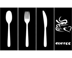 Djemzy - Coffee met bestek - 4-delig - klein- wanddecoratie woonkamer - wanddecoratie slaapkamer - keuken- wandversiering - muurversiering - wandpaneel - wall art - hout - zwart - drinken - eten - MDF 6 mm