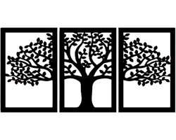 Djemzy - dikke levensboom met bladeren - 3-delig- wanddecoratie woonkamer - wanddecoratie slaapkamer - wandversiering - muurversiering - wandpaneel - wall art - housewarming cadeau - hout - zwart - planten - bloemen - wanddecoratie 3-luik - MDF 6 mm