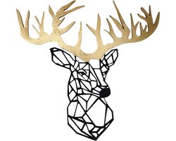 Djemzy - hert met gouden gewei- wanddecoratie woonkamer - wanddecoratie slaapkamer - wandversiering - muurversiering - wandpaneel - wall art - hout - goud met zwart - dieren - geometrische wanddecoratie - MDF 6 mm