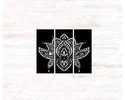 Djemzy - Lotus in mandala - 3-delig - groot - wanddecoratie woonkamer - wanddecoratie slaapkamer - wandversiering - muurversiering - wandpaneel - wall art - hout - zwart - wanddecoratie drieluik - MDF 6 mm