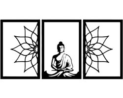 Djemzy - mediterende boeddha met schaduw op gezicht met line art mandala - 3-delig- wanddecoratie woonkamer - wanddecoratie slaapkamer - wandversiering - muurversiering - wandpaneel - wall art - housewarming cadeau - hout - zwart - wanddecoratie dri