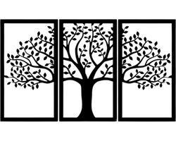 Djemzy - raamdecoratie woonkamer/slaapkamer - raamscherm drieluik - raamluik - ornament vensterbank decoratie - hout - zwart - planten - Raampaneel - levensboom met bladeren - 3-delig - groot -raamdecoratie op voet - ornament op voet - MDF 6 mm