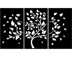 Djemzy - raamdecoratie woonkamer/slaapkamer - raamscherm drieluik - raamluik - ornament vensterbank decoratie - hout - zwart - planten - Raampaneel-boom met vallende blaadjes - 3-delig-klein-raamdecoratie op voet-ornament op voet voor binnen-MDF 6 mm