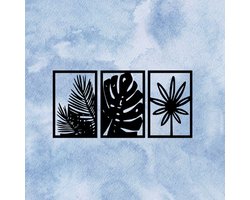 Djemzy - raamdecoratie woonkamer/slaapkamer - raamscherm - raamluik - ornament vensterbank decoratie - hout - zwart - bloemen - planten - Raampaneel blad in frame - 3-delig - raamdecoratie op voet - ornament op voet voor binnen - MDF 6 mm