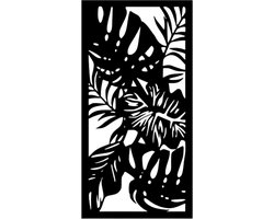 Djemzy - raamdecoratie woonkamer/slaapkamer - raamscherm - raamluik - ornament vensterbank decoratie - hout - zwart - bloemen - planten - Raampaneel verschillende bladeren in frame - raamdecoratie op voet - ornament op voet voor binnen - MDF 6 mm