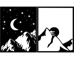 Djemzy - raamdecoratie woonkamer/slaapkamer - raamscherm - raamluik - ornament vensterbank decoratie - hout - zwart - Raampaneel - Dag en nacht in de bergen - 2-delig - groot - raamdecoratie op voet - ornament op voet voor binnen - MDF 6 mm
