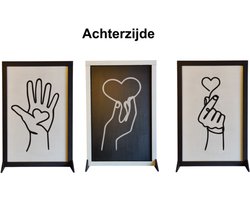 Djemzy - Raampaneel line art handen met hartje in zwart wit frame - 3-delig - raamdecoratie woonkamer/slaapkamer - raamscherm - raamluik - vensterbank decoratie - decoratie op voet - housewarming cadeau - hout - zwart - wit - liefde - love - MDF 6 mm
