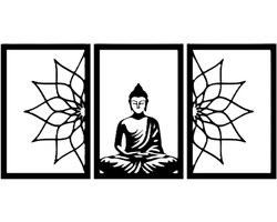 Djemzy - Raampaneel mediterende boeddha met line art mandala - 3-delig - raamdecoratie woonkamer/slaapkamer - raamscherm - raamluik - vensterbank decoratie - decoratie op voet - housewarming cadeau - hout - zwart - rustgevend - MDF 6 mm