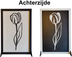 Djemzy - Raampaneel tulp in zwart wit frame - 2-delig - raamdecoratie woonkamer/slaapkamer - raamscherm - raamluik - vensterbank decoratie - decoratie op voet - housewarming cadeau - hout - zwart wit - planten - houten tulpen - MDF 6 mm
