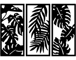 Djemzy - rimboe bladeren - 3-delig - groot - wanddecoratie woonkamer - wanddecoratie slaapkamer - wandversiering - muurversiering - wandpaneel - wall art - hout - zwart - wanddecoratie drieluik - planten - MDF 6 mm