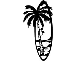 Djemzy - Surfboard met palmboom- wanddecoratie woonkamer - wanddecoratie slaapkamer - wandversiering - muurversiering - wandpaneel - wall art - hout - zwart - sport - vakantie - boom - MDF 6 mm