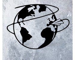 Djemzy - wereldbol met papieren vliegtuigje- wanddecoratie woonkamer - wanddecoratie slaapkamer - kinderkamer- wandversiering - muurversiering - wandpaneel - wall art - hout - zwart - wereld - voertuigen - MDF 6 mm