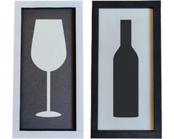 Djemzy - wijnglas en wijnfles in zwart wit frame - 2-delig - groot- wanddecoratie woonkamer - wanddecoratie slaapkamer - keuken - wandversiering - muurversiering - wandpaneel - wall art - housewarming cadeau - hout - zwart wit - drinken - eten - MDF