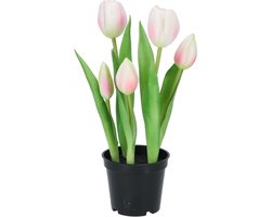 DK Design Kunst tulpen Holland in pot - 5x stuks - lichtroze - real touch - 26 cm - levensechte kunstbloemen