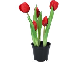 DK Design Kunst tulpen Holland in pot - 5x stuks - rood - real touch - 26 cm - levensechte kunstbloemen