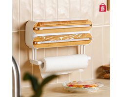 DKE® 3 in 1 rollenhouder – Foliehouder - Keukenrolhouder - alluminiumfolie houder - Folie Dispenser – Wit - Hout