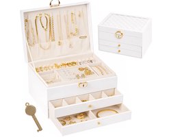 D’Lor Luxe Sieradendoos – Witte sieradenopbergdoos met slot, vakjes en lades – Elegante juwelendoos voor dames