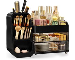 D’Lor Make-up Organizer – Luxe Cosmetica Opberger met 2 Lades en Compartimenten – Skincare Organizer – Make-up Opbergdoos voor Kaptafel, Badkamer en Bureau – Zwart
