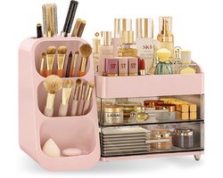 D’Lor Make-up Organizer – Luxe Cosmetica Opberger met 2 Lades en Compartimenten – Skincare Organizer – Make-up Opbergdoos voor Kaptafel, Badkamer en Bureau – Roze
