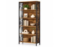 DMG Supply Boekenkast met Achterwand - Open Kast - Boekenrek met 5 Lagen - Decoratieve Zijpanelen - Industrieel - Bruin/Zwart - 80 x 28 x 180 cm