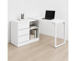 DMG Supply Hoekbureau - L-vorm - 3 Laden en 2 Open Vakken - 100 x 80 x 75 cm - Wit met Metalen Frame