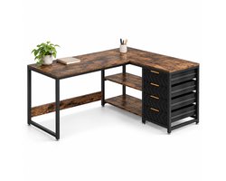 DMG Supply Omkeerbaar Hoekbureau met 4 Lades - L-Vormig Computerbureau met Opbergruimte - 150 x 110 x 75 cm - Bruin/Zwart