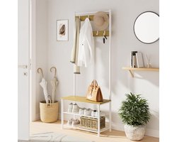DnA® Kapstok Met Schoenenrek - Halmeubel Met kapstok - Kapstok Met Bankje - Wit - 70cm x 33cm x 175cm