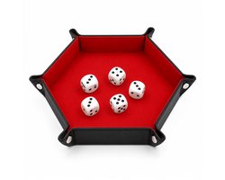 Dobbelsteenbak Opvouwbaar – Dice Tray met 5 Dobbelstenen – Dobbelbak voor Yahtzee, RPG, Bordspellen & Rollenspellen – Rood/Zwart – Hexagon